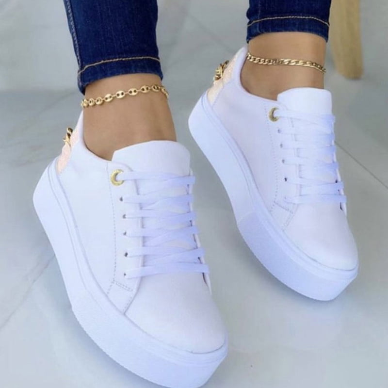 Round Toe Lace Up Platform Sports Sneakers Chain Decor Thick Sole Running  Shoes Women's Footwear 
