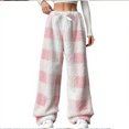 thumbnail image 2 of qolati Fleece Pajama Pants for Women Drawstring Elastic Waist Wide Leg Pants Winter Plaid Print Fuzzy Pjs Bottoms Warm Flannel Loungewear Sleep Trousers Christmas Clothes Pink XS, 2 of 6