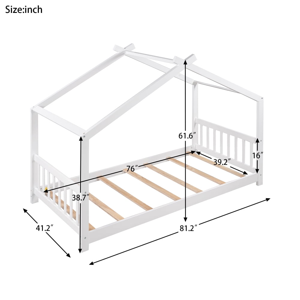 Twin Size House Bed for Kids & Teens,Solid Wood Twin Size Floor Montessori Bed with Headboard & Footboard, Toddlers House Floor Bed with Roof and Slat, No Box Spring Need,Espresso Bed Frame,White