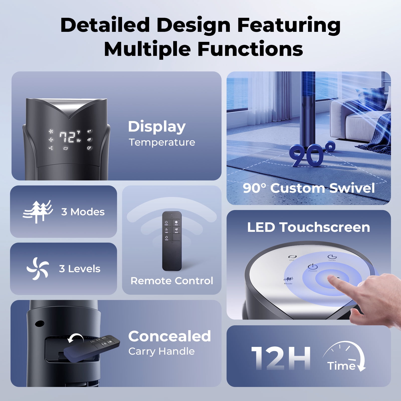 41" Tower Fan, Wide Oscillating Fans with 3 Speeds, 3 Modes, 26 ft/s High Velocity, LED Display with Remote, 12H Timer, for Home,Living Room,Office