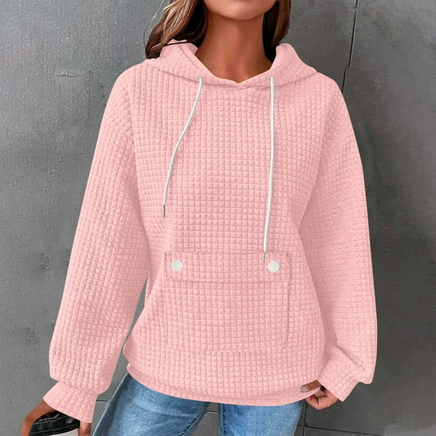 HongQid Womens Hoodies Casual Long Sleeve Drawstring Waffle Pullover Tops Loose Hooded Sweatshirt with Pocket