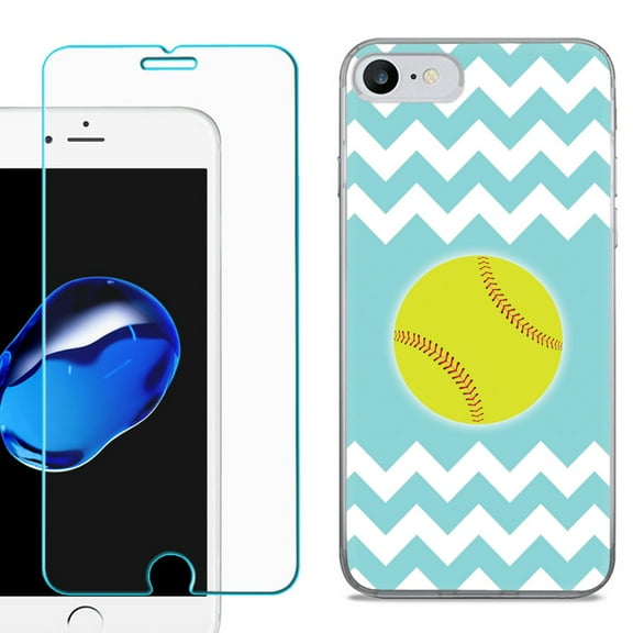 For Apple iPhone SE 2020 Case, Slim-Fit TPU Phone Case, with Tempered Glass Screen Protector, by OneToughShield ® - Chevron/Teal/Softball