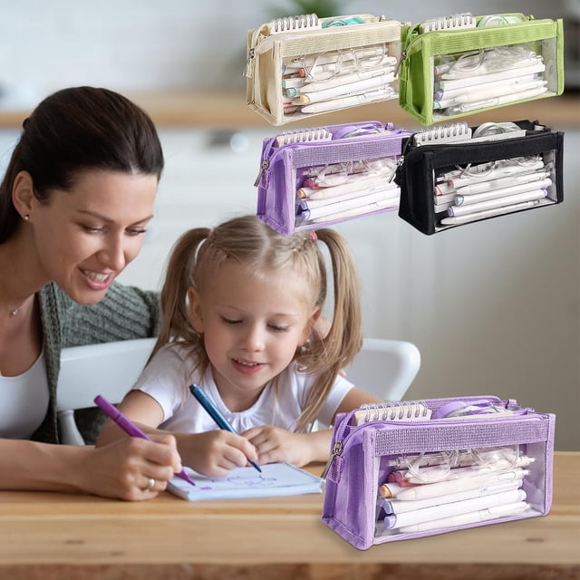 COM1950s Large Capacity Transparent Pencil Pouch, 6 Compartment Organizer with Multiple Layers, Canvas Pen Holder for Office School Supplies, Multi-Functional Storage Case