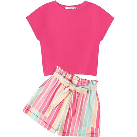 Oudiya Girls 2 Piece Summer Outfit Drop Shoulder Batwing Sleeve Tops and Paperbag Waist Shorts Set Cute Clothing for Girls 6-14