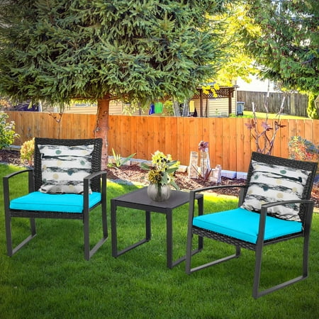 Patio, front door and Deck 3-Piece Conversation Black Wicker Furniture-Two Chairs with Glass Coffee Table Light Blue