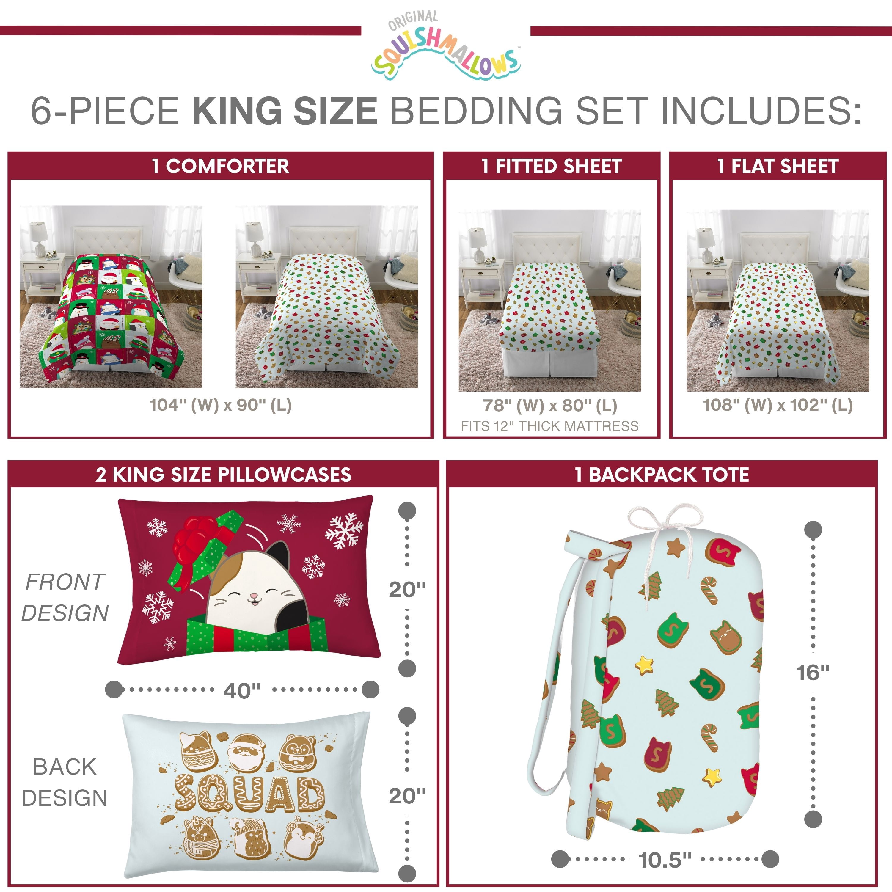 Squishmallows Holiday Kids 6 Piece Reversible Comforter, Pillowcase, Sheet Set, and Backpack, King