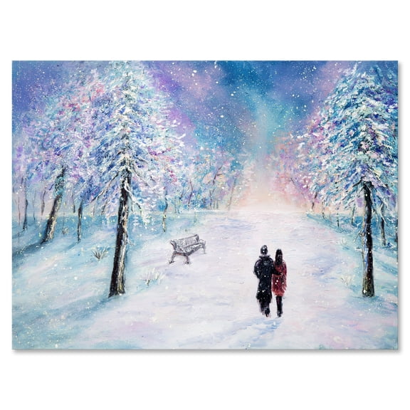Designart ' Couple In Love Walks During Snowy Winter Times ' Traditional Canvas Wall Art Print