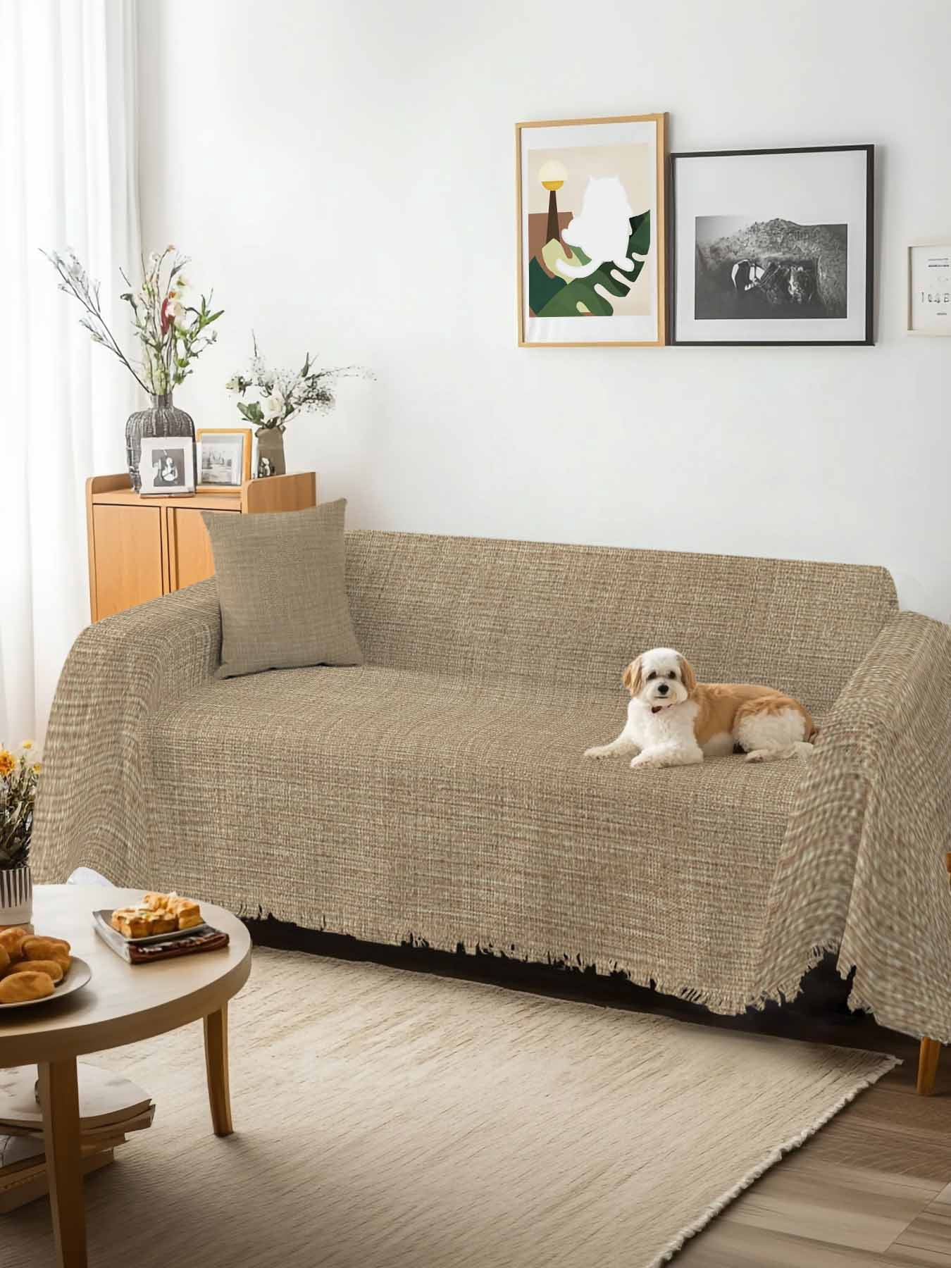 Brown Farmhouse Couch Cover for 2 Cushion Sofa, Vintage Country Monochrome Textured Washable Loveseat Sofa Covers Slipcover for Sectional Sofas L-Shaped, Couch Throw Cover 71"x118"