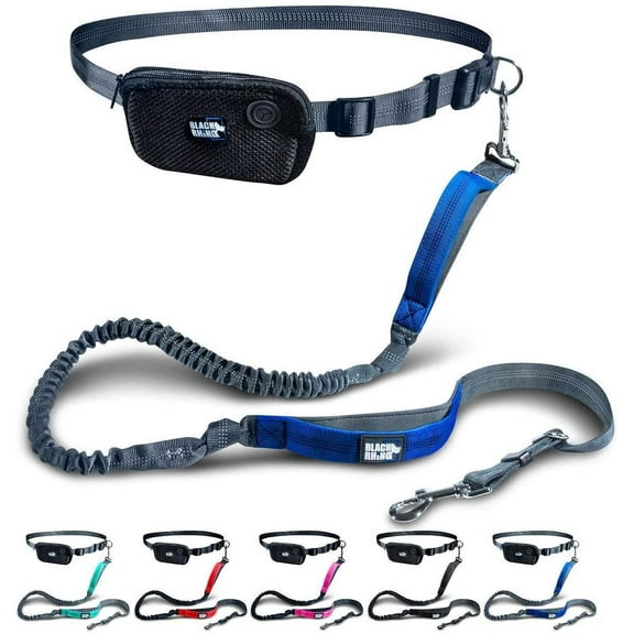 Black Rhino - Premium HANDS FREE DOG LEASH for Running Walking Jogging & Hiking - Adjustable Length Dual Handle Bungee Leash Medium–Large Dogs Neoprene Padded Handles – Free Running Pouch Blue/Gr