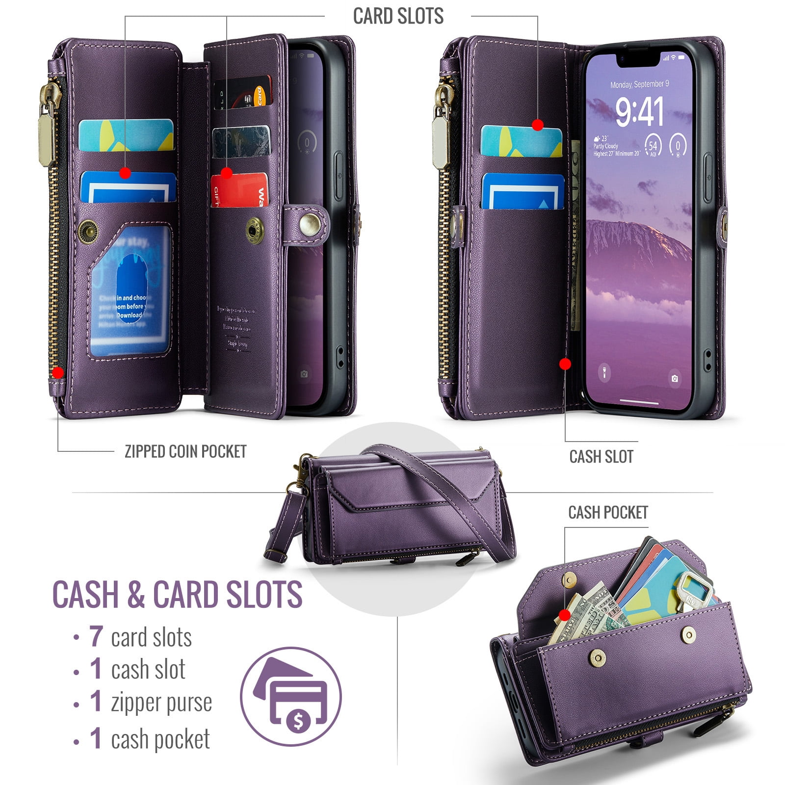 Compatible with iPhone 16e/SE 2025/SE 4 Zipper Wallet Phone Case Tempered Glass Screen Protector Crossbody Lanyard Strap Flip Card Holder Slot Cell Cover for i Phone16e i16e 16 e SE4 Women Purple