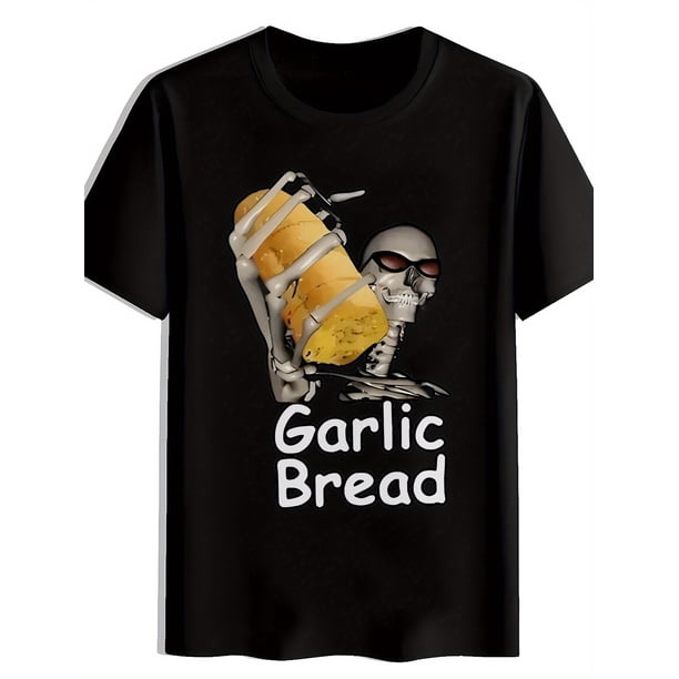 Men's Black Graphic Tee - Funny "GARlic BREAD" Skeleton Design, Casual Round Neck Short Sleeve T-Shirt, Lightweight Cotton, Summer Essential for Humor & Style, Casual Summer Wear | Edgy Fashion Top |