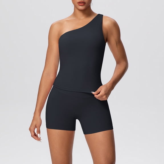 Haivin Women's One-Shoulder Tank Top and Shorts Set, for Fitness Yoga Running Sports, Casual Outdoor Athletic Wear