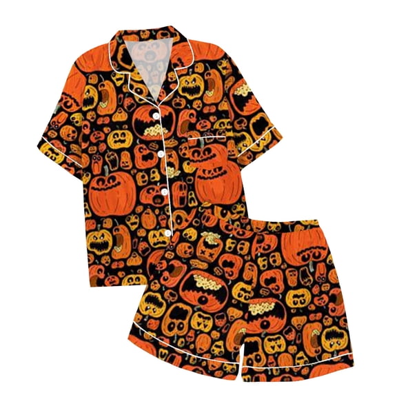 Tisuna Girls Short Sleeve Halloween Pajamas Set For Kids Pumpkin Print Collared Tops And Shorts Pjs Set Breathable Lightweight Kids Halloween 2 Pieces Homewear For Age 2-13 Years