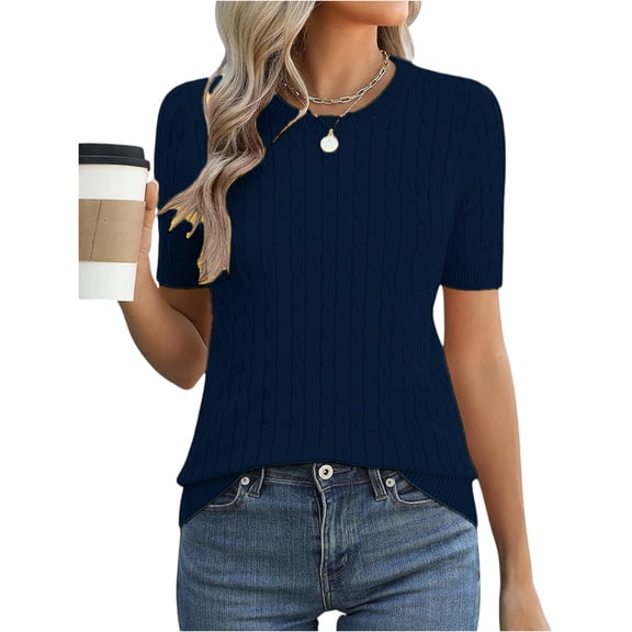 CIENVNSTG 2026 Women's Trendy Cable Knit Short Sleeve Blouses Crewneck Lightweight Sweater Tops Cute Summer Spring Business Dressy Casual Work Outfits Clothes Navy S