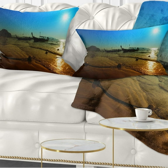 Designart Sunset with Boats in Andaman Sea - Modern Seascape Throw Pillow - 12x20