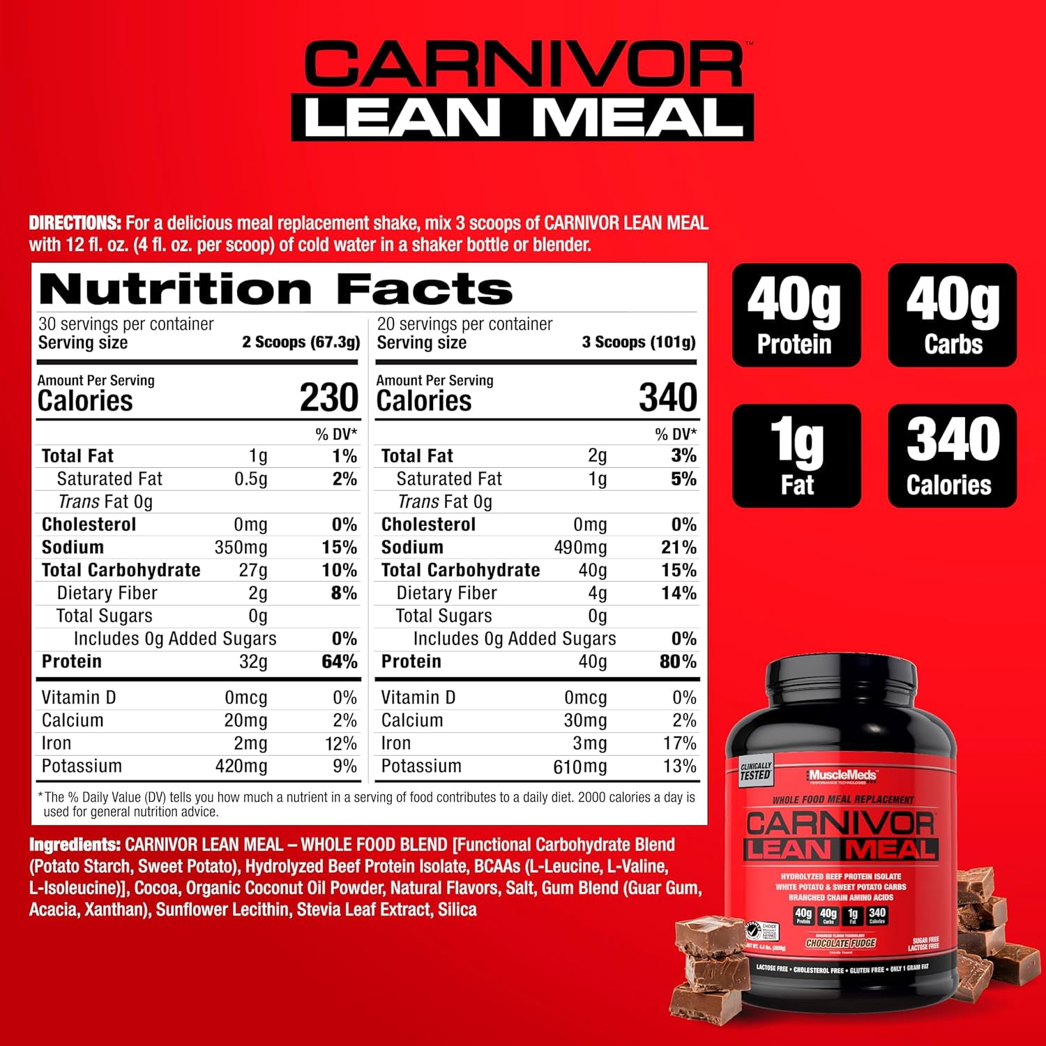 MuscleMeds Carnivor Lean Meal Whole Food Meal Replacement Shake – 40g Beef Protein Isolate & Carbs – Sugar-Free, Lactose-Free – Chocolate Fudge, 4.4 lbs