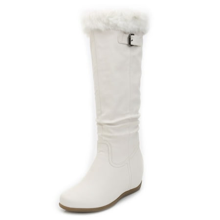 

Ferwind Women s Faux Fur Trim Buckle Strap Round Toe Boots Female Adult White 12