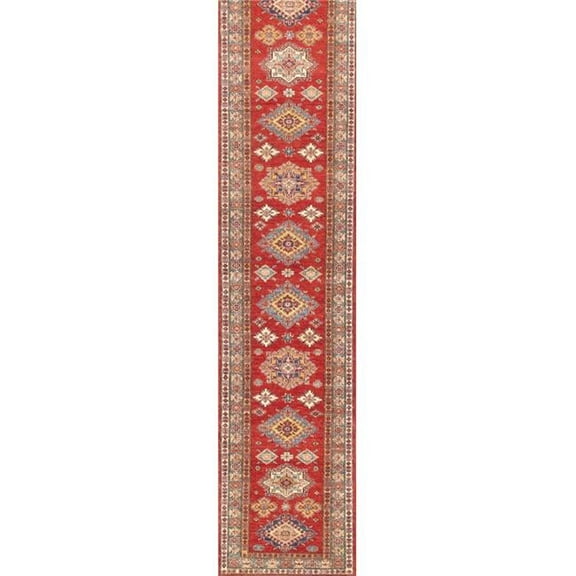 Pasargad Home Kazak 33" x 154" Hand-Knotted Lamb's Wool Runner Rug in Red/Blue