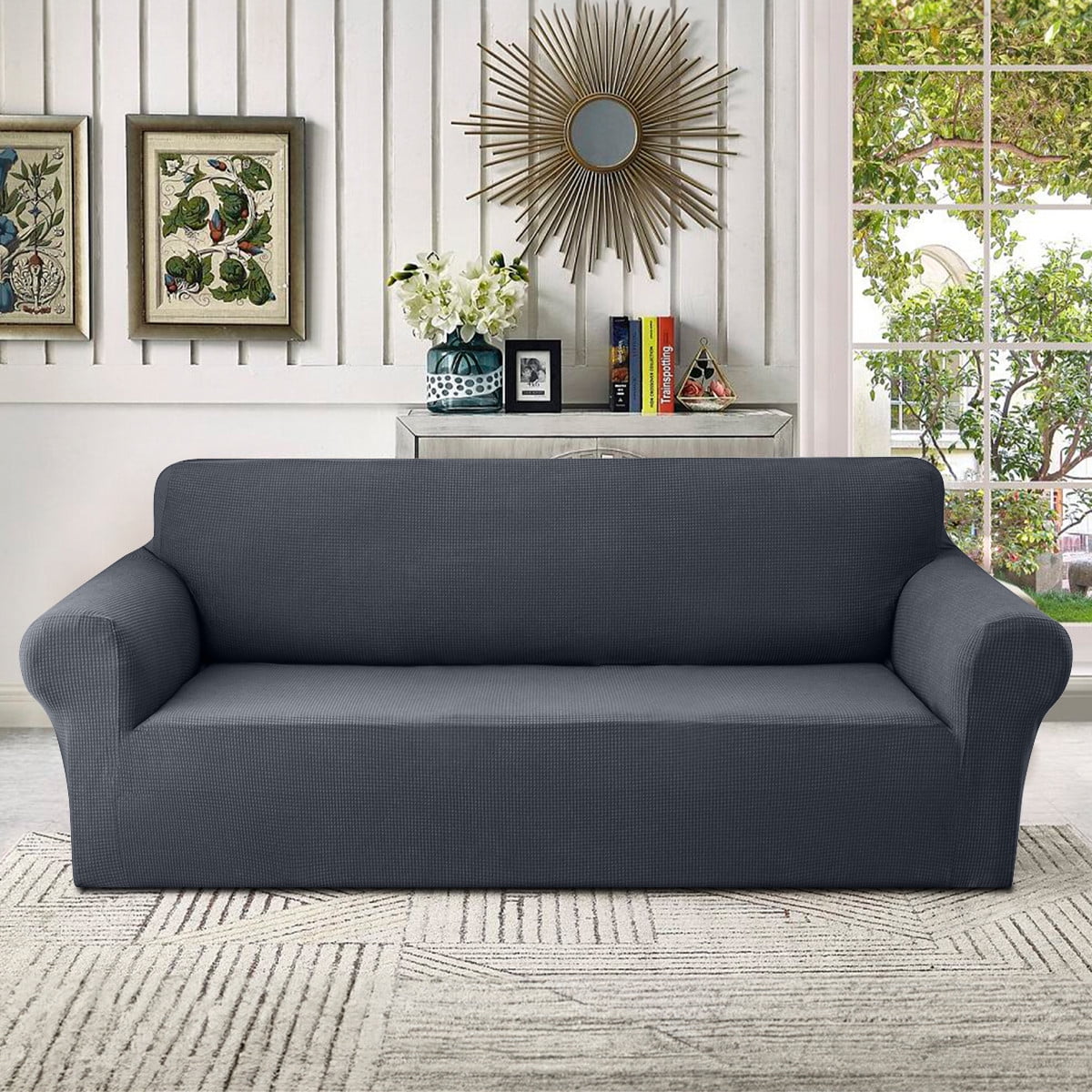 Sanmadrola Couch Cover Water Resistant Stretch Sofa Slipcover Jacquard Furniture Protector for Kids Pets Dog Cat, Dark Gray, Sofa