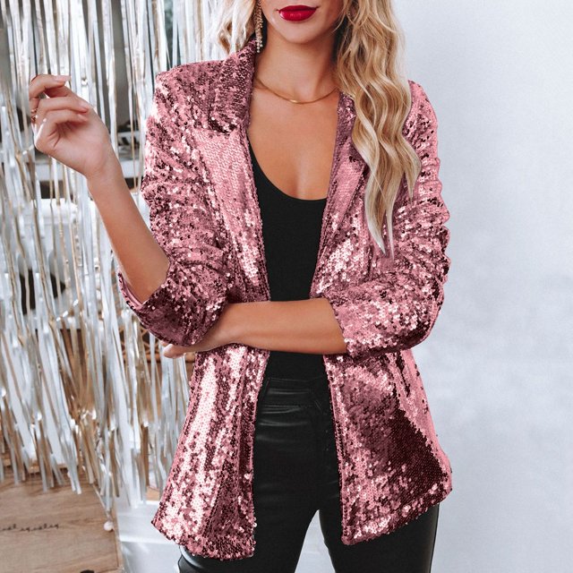 Hauts d'Été pour Femmes, Cardigans 2024 Vestes Manteaux d'Automne Femmes Veste à Paillettes à Sequins Décontractée à Manches Longues Scintillante Fête Brillante Col à Revers Rave Manteau d'Extérieur Rose