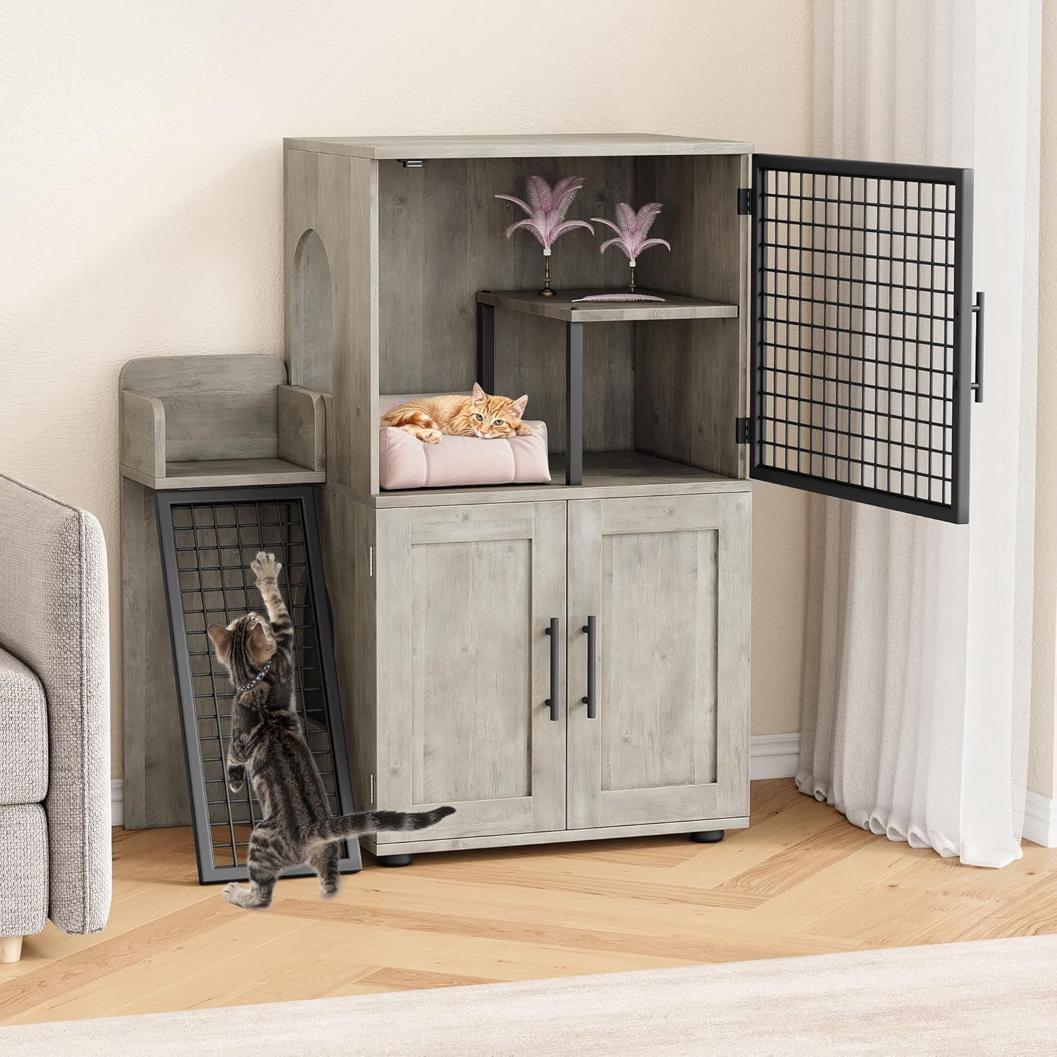 Modern Villa Litter Box Enclosure with Platform – Double Layer Hidden Furniture for Indoor Cats, Washroom Cat House with Ladder, 33.5" L x 17.9" W x 41.9" H, Stylish Enclosed Cat Litter Box