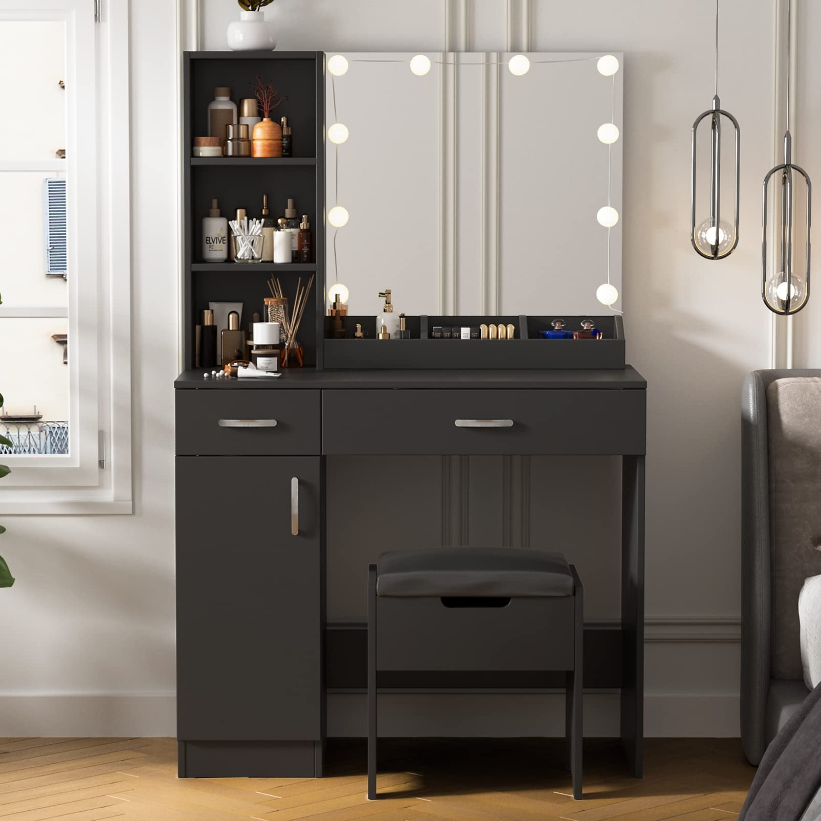 Veanerwood Makeup Vanity Table with 10 Led Lights, Lighted Mirror 