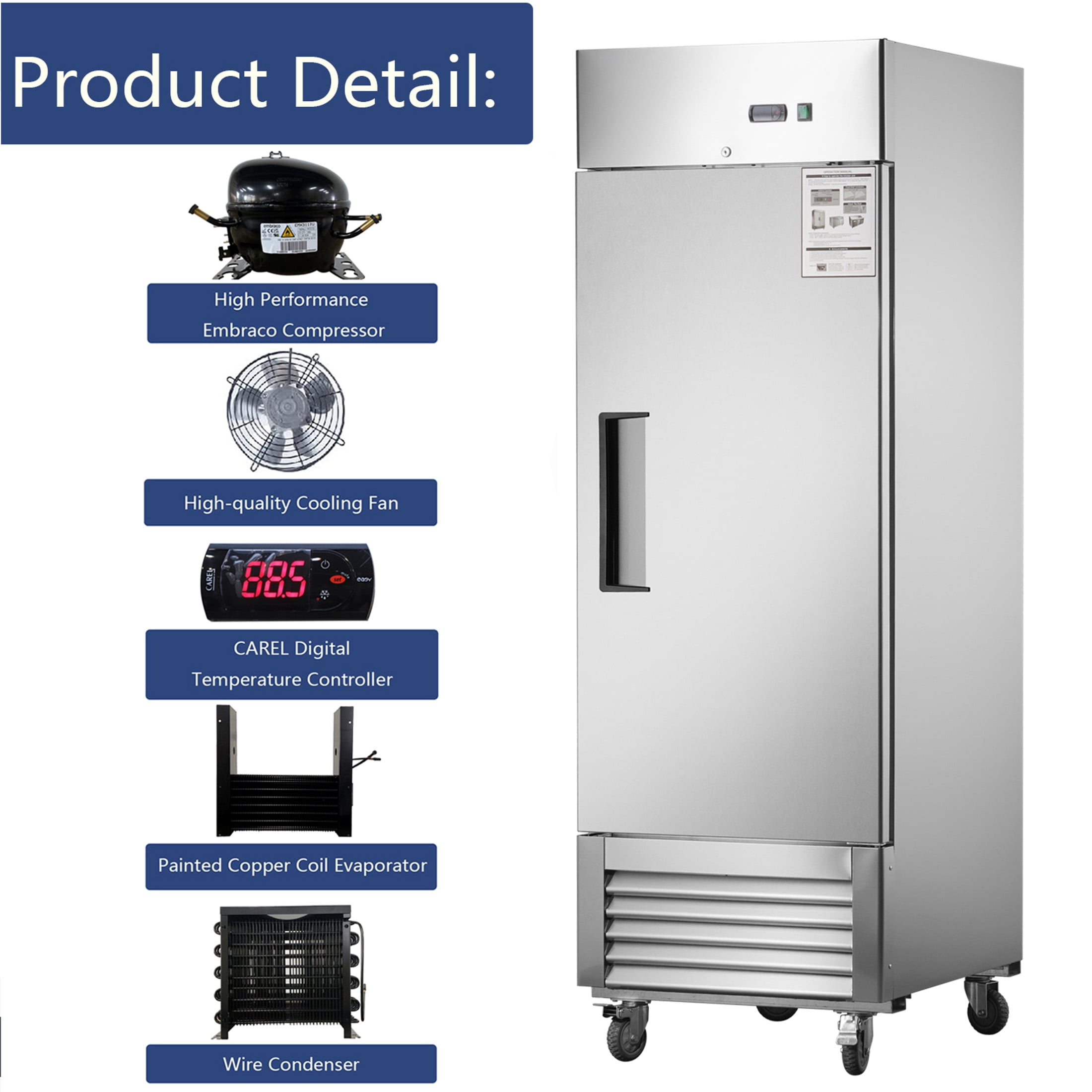 27" W Commercial Refrigerator, Commercial Refrigerator Freezer Combo with 3 Adjustable Shelves, 33 ℉ ~39 ℉   Adjustable Temperature, 18.68 Cu.ft Capacity, for Restuarant Kitchen Shop