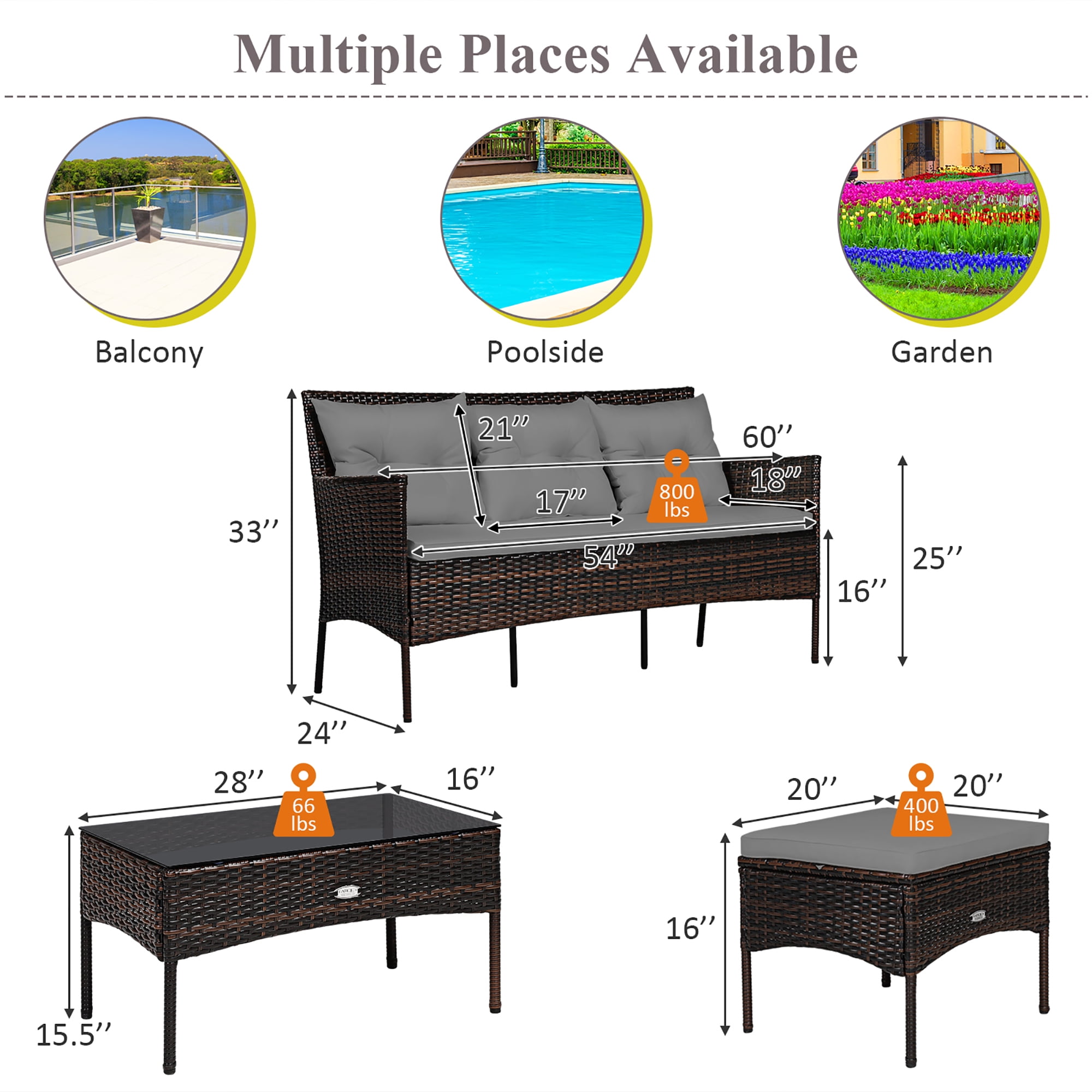 Costway 3PCS Patio Rattan Furniture Set 3-Seat Sofa Cushioned Table Garden Gray
