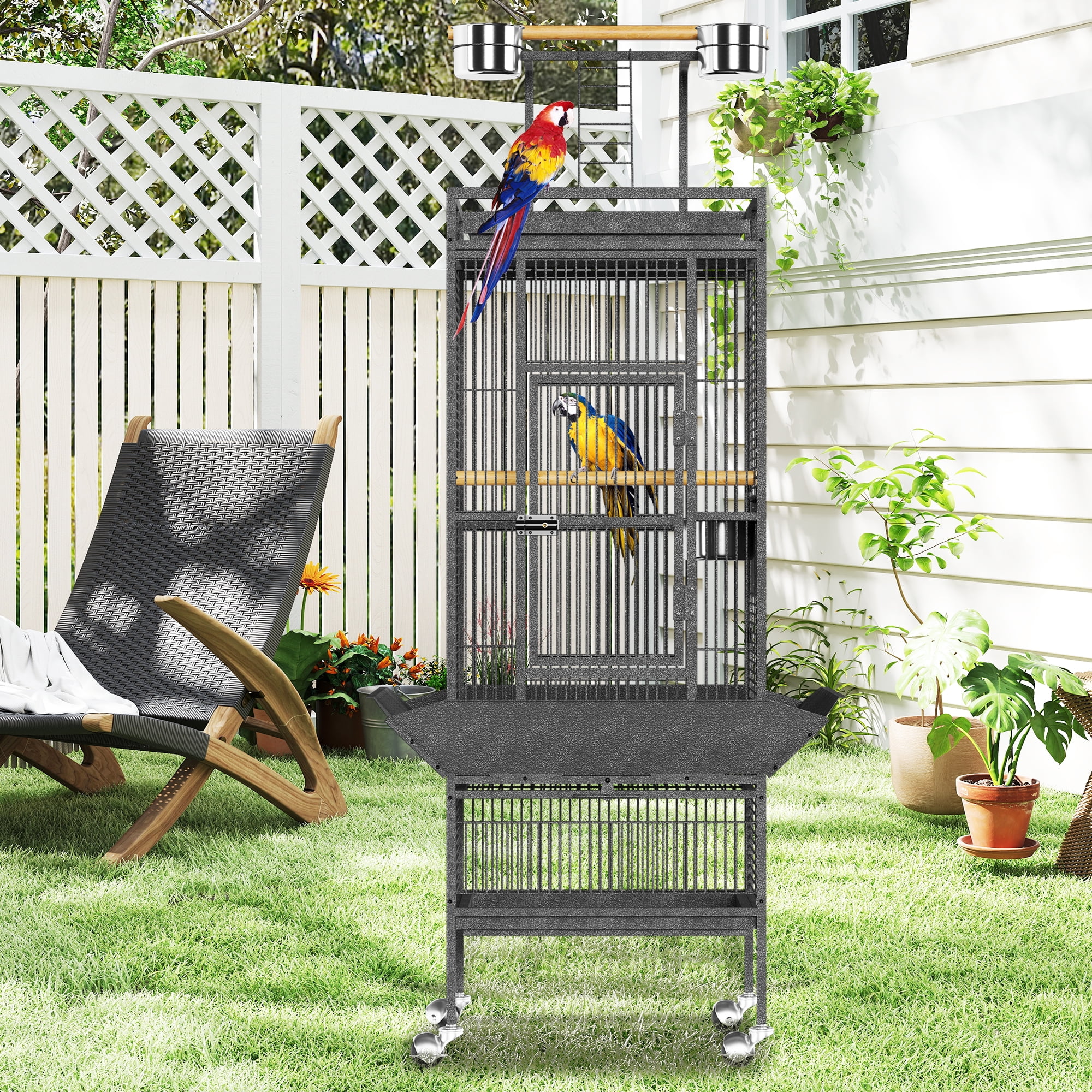 61" Cockatiel Cage, Flight Cage with Rolling Stand, Play Top & Bowls - Metal Large Bird Cages for Parakeets, Conures, Parrots - Exploding Silver