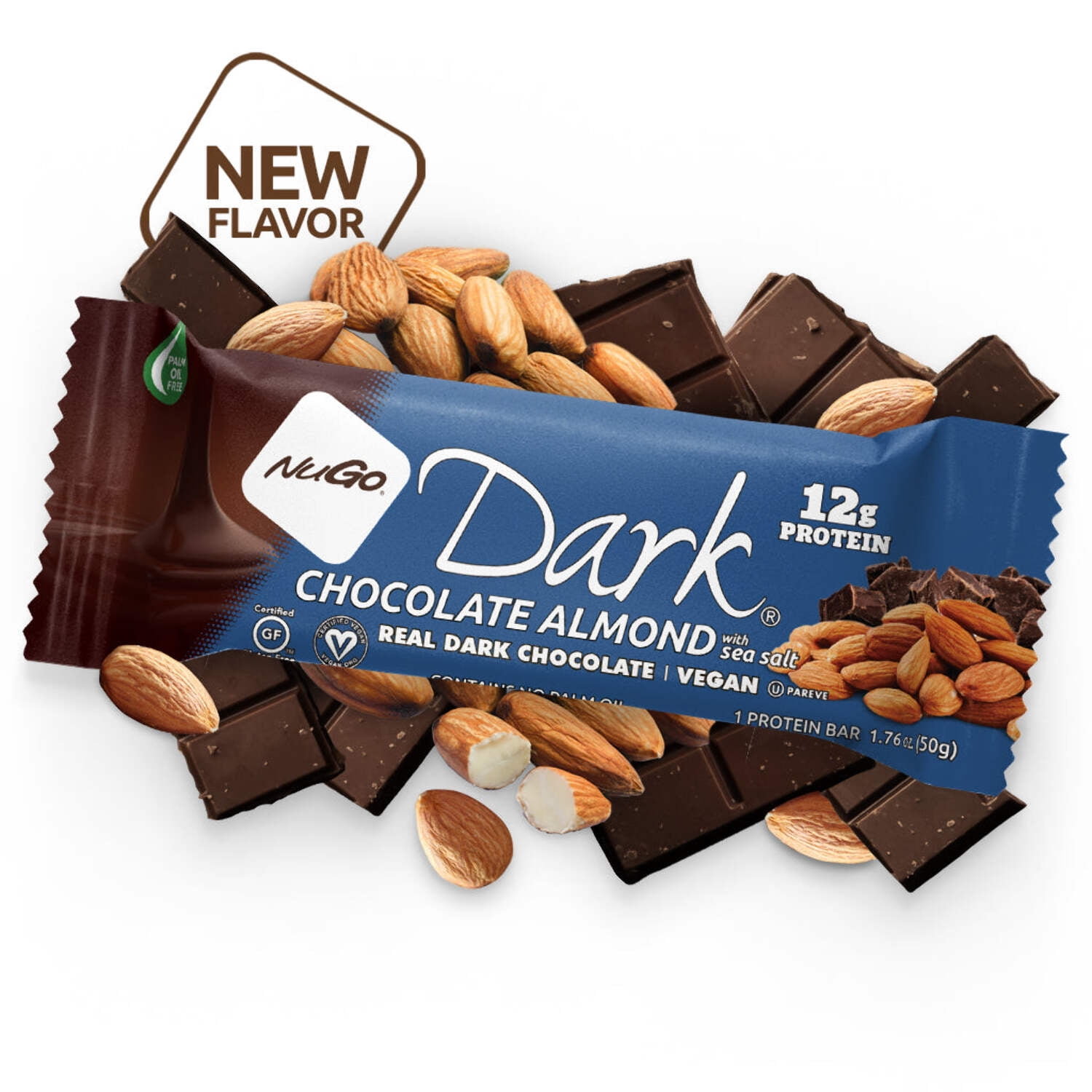 NuGo Dark Chocolate Almond with Sea Salt, 12g Protein, Vegan, Gluten Free, Kosher Pareve, 24 Count