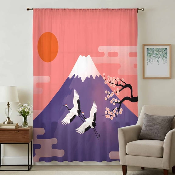 Japanese Sheer Curtains 54 Inches Long for Bedroom, Nature Mountain Sun Blossoms Cherry Scenery Light Filtering Privacy Drapes, Breathable Semi Sheer Window Treatment for Bathroom Dining Room Kitchen