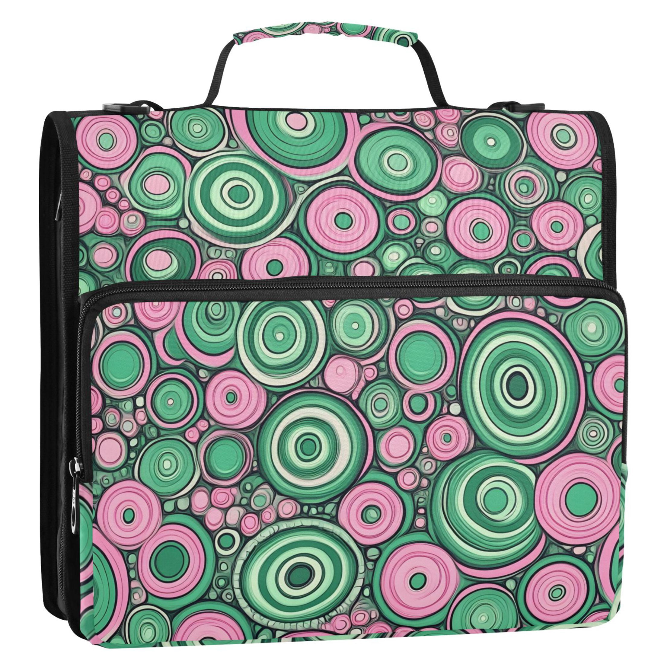 3 Ring Zipper Binder with Shoulder Strap Waterproof Trapper Keeper 2 Inch D-Ring 500 Sheets Capacity Abstract Pink Green Circles