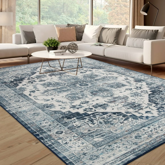 Hasoo 9' x 12' Area Rug for Living Room Bedroom Boho Rug Distressed Vintage Oriental Floral Rug Washable Low Pile Indoor Floor Carpet, Blue