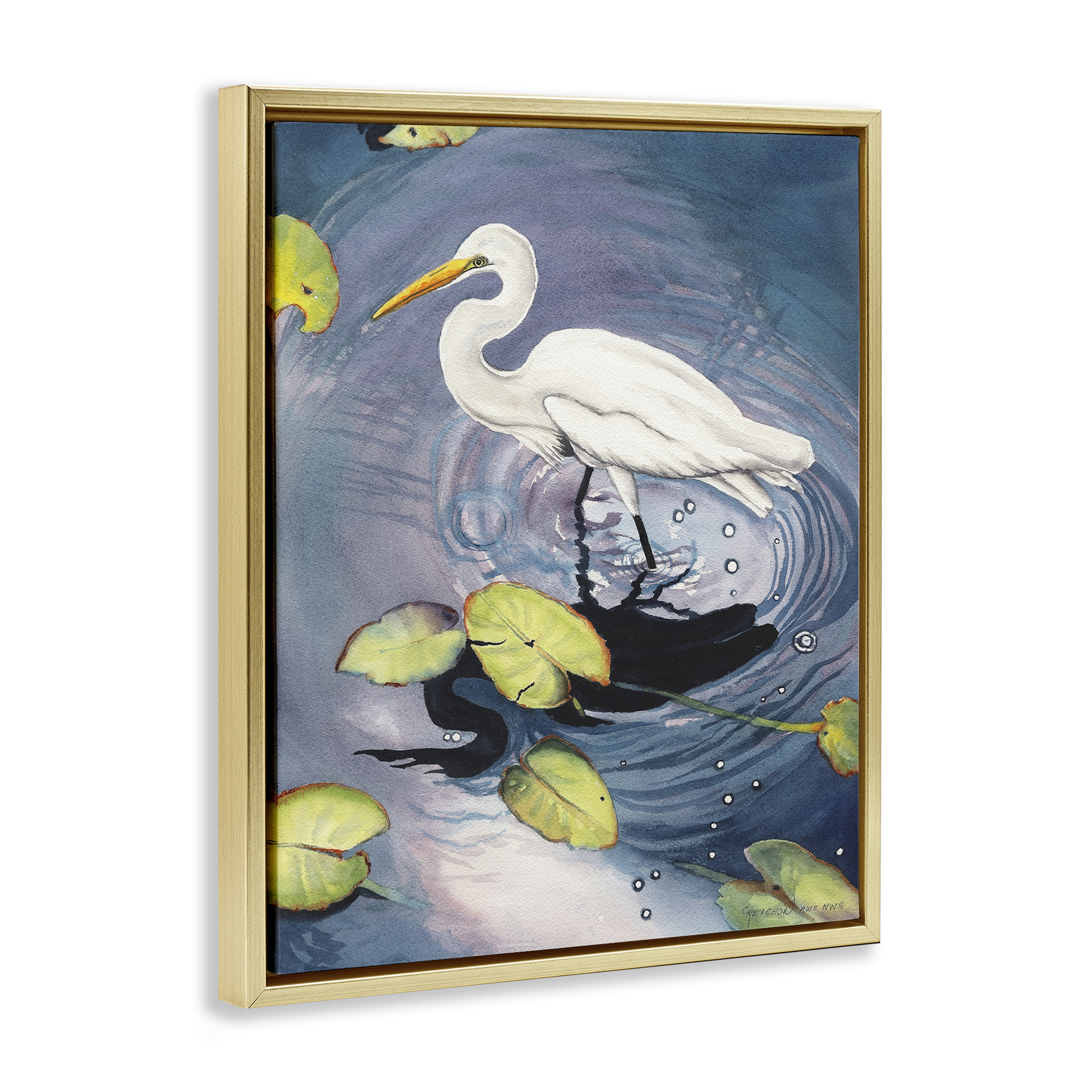 Stupell Industries Heron with Pond Ripples Animals & Insects Painting Gold Floater Framed Canvas Art Print Wall Art, 25 x 31