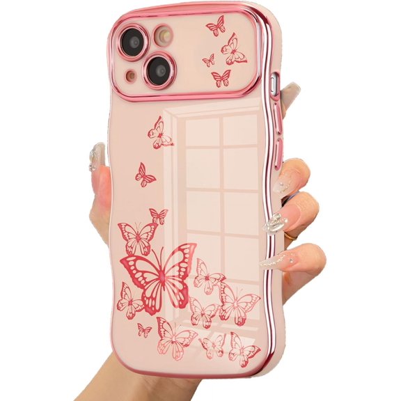 for iPhone 15 Case for Girl Women, Cute Curly Wave Frame with Luxury Plating Butterfly Pattern, Soft TPU Electroplated Edge Shockproof Raised Lens Protection Phone Case for iPhone 15, Pink