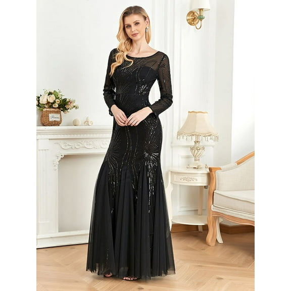 Women's Elegant A Line Crew Neck Long Sleeves Sequin Maxi Evening Dress Wedding Guest Dress Bridesmaid Dress