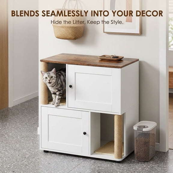 Double Cat Litter Box Enclosure Furniture for 2 Cats, 2 Tier Hidden Cat Litter Cabinet with Scratching Posts and Litter Mats, White Vintage Wood