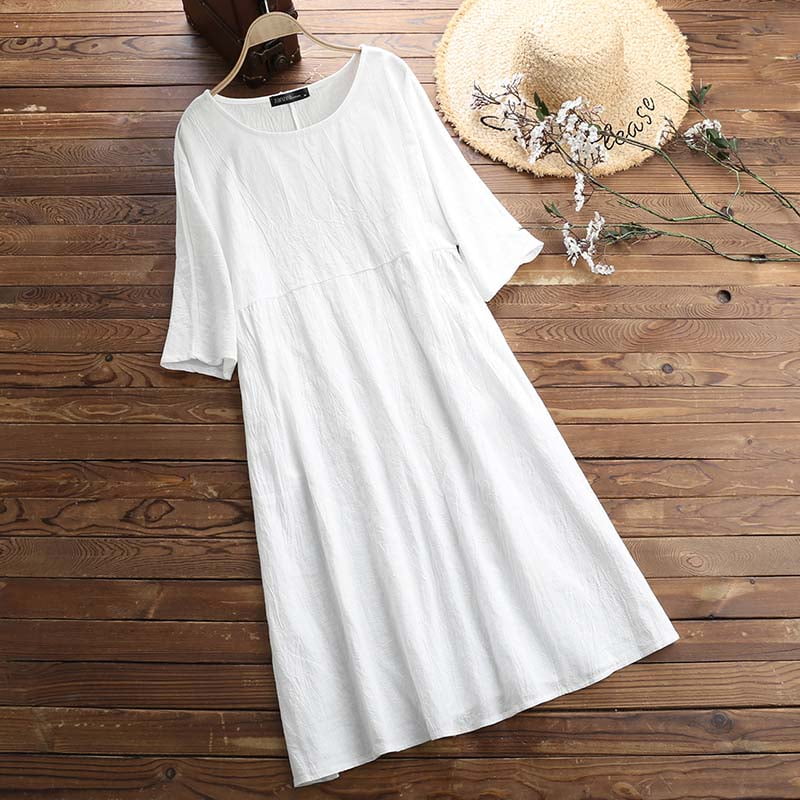 ZANZEA Women O-Neck 3/4 Sleeve Solid Color Loose Shirt Dress Kaftan