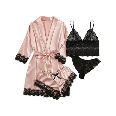 

Women s Floral Lace Trim Satin Cami Pajama Set with Robe 4-pack