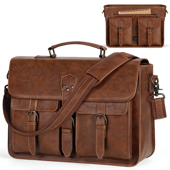 RAINSMORE Messenger Bag for Men 15.6 inch PU Leather Laptop Bag Large Vintage Briefcase Waterproof Computer Shoulder Bag for Office Work College, Brown