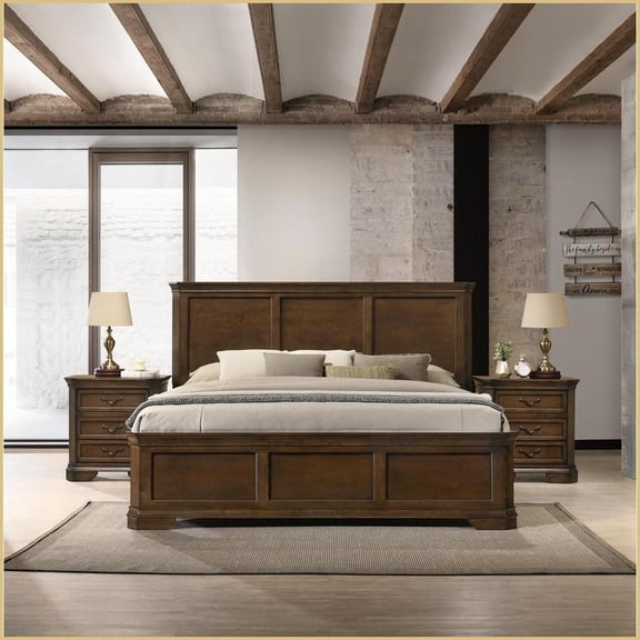 Traditional 3-Piece King Bedroom Set - Panel Bed & 2 Nightstands | Solid Wood | Brown