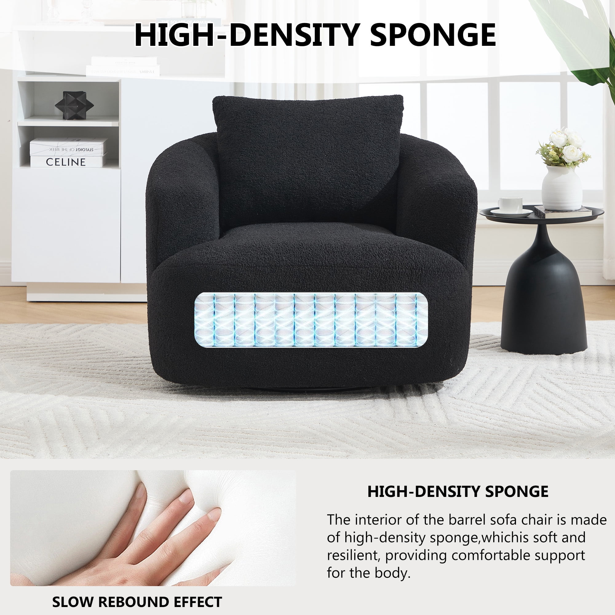 Swivel Accent Chair,360° Round Upholstered Armchair with One Soft Pillow,Teddy Fleece High-Resilience Sponge Single Sofa for Living Room, Bedroom, Apartment,No Assembly,Black