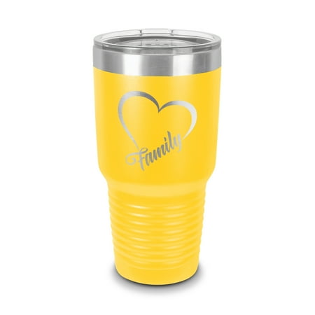 

Family Heart Tumbler 30 oz - Laser Engraved w/ Clear Lid - Stainless Steel - Vacuum Insulated - Double Walled - Travel Mug - live love laugh infinity - Yellow