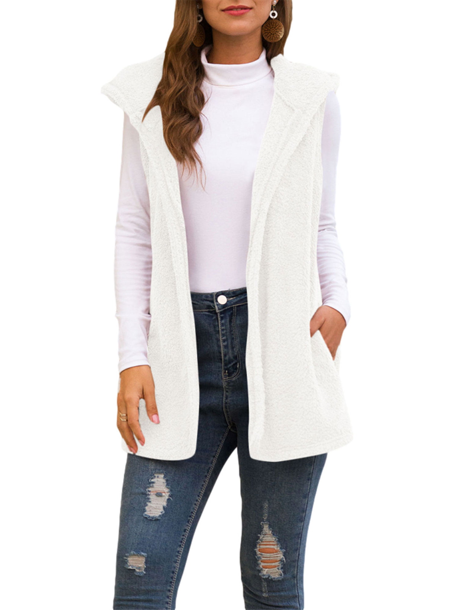 KCatsy Womens Gillet Waistcoat Jacket Hooded Sherpa Flannel Furry Fleece Sleeveless Pockets Ladies Vest Coat 