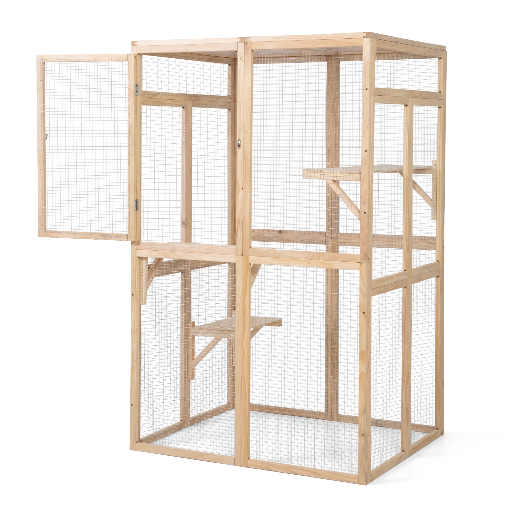 Pefilos 64" Cat House Outdoor Catio Cat Enclosures Wooden Kitty House with Platforms, Waterproof Roof, Hammock, Beige Pefilos 64" Cat House Outdoor Catio Cat Enclosures Wooden Kitty House with Platforms, Waterproof Roof, Hammock, Beige