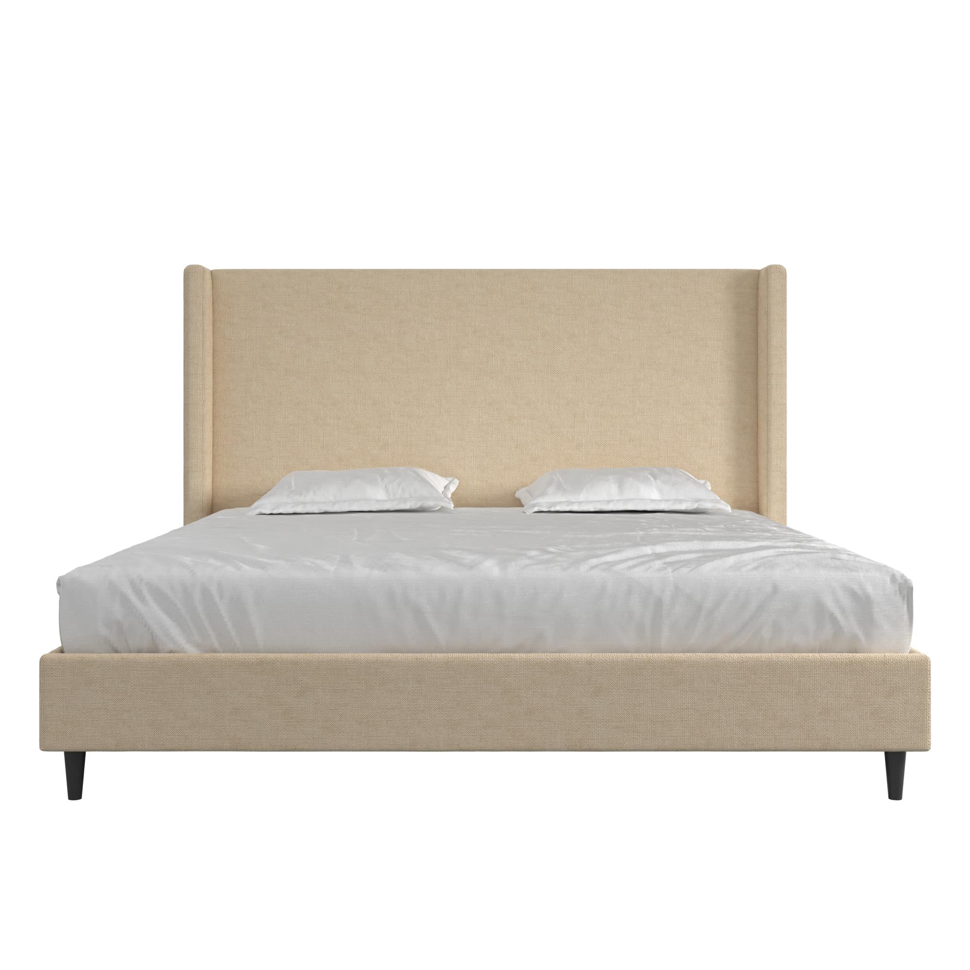 DHP Eveline Upholstered Platform Bed Frame with High Wingback Headboard, King, Textured Beige Canvas