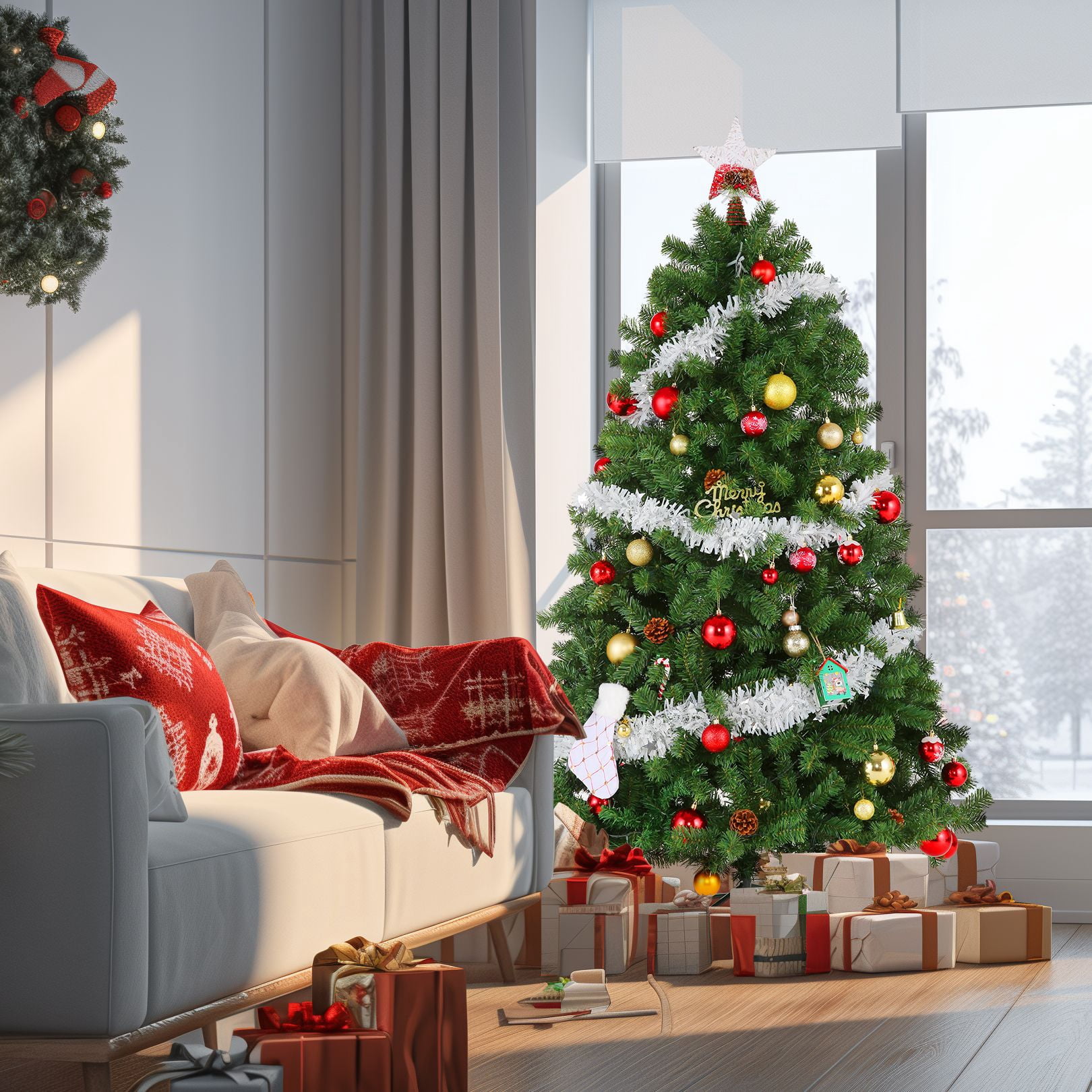 Funcid 6ft Premium Hinged Artificial Christmas Tree Full Tree with 1477 PVC Branch Tips, Foldable Metal Stand, Green