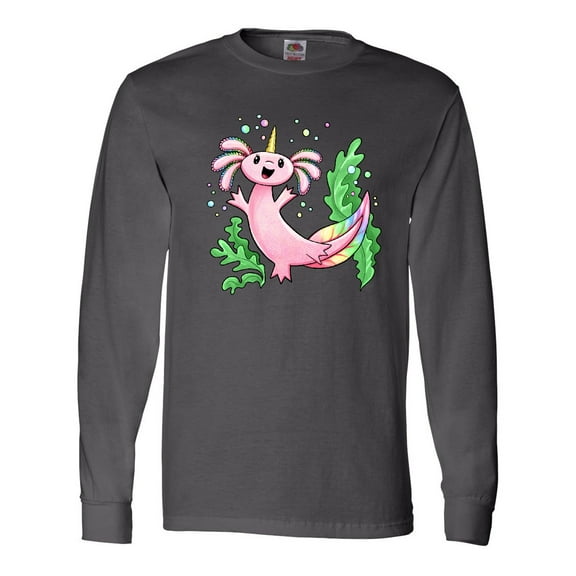 Inktastic Axolotl Unicorn with Rainbow Tail, Bubbles and Seaweed. Long Sleeve T-Shirt