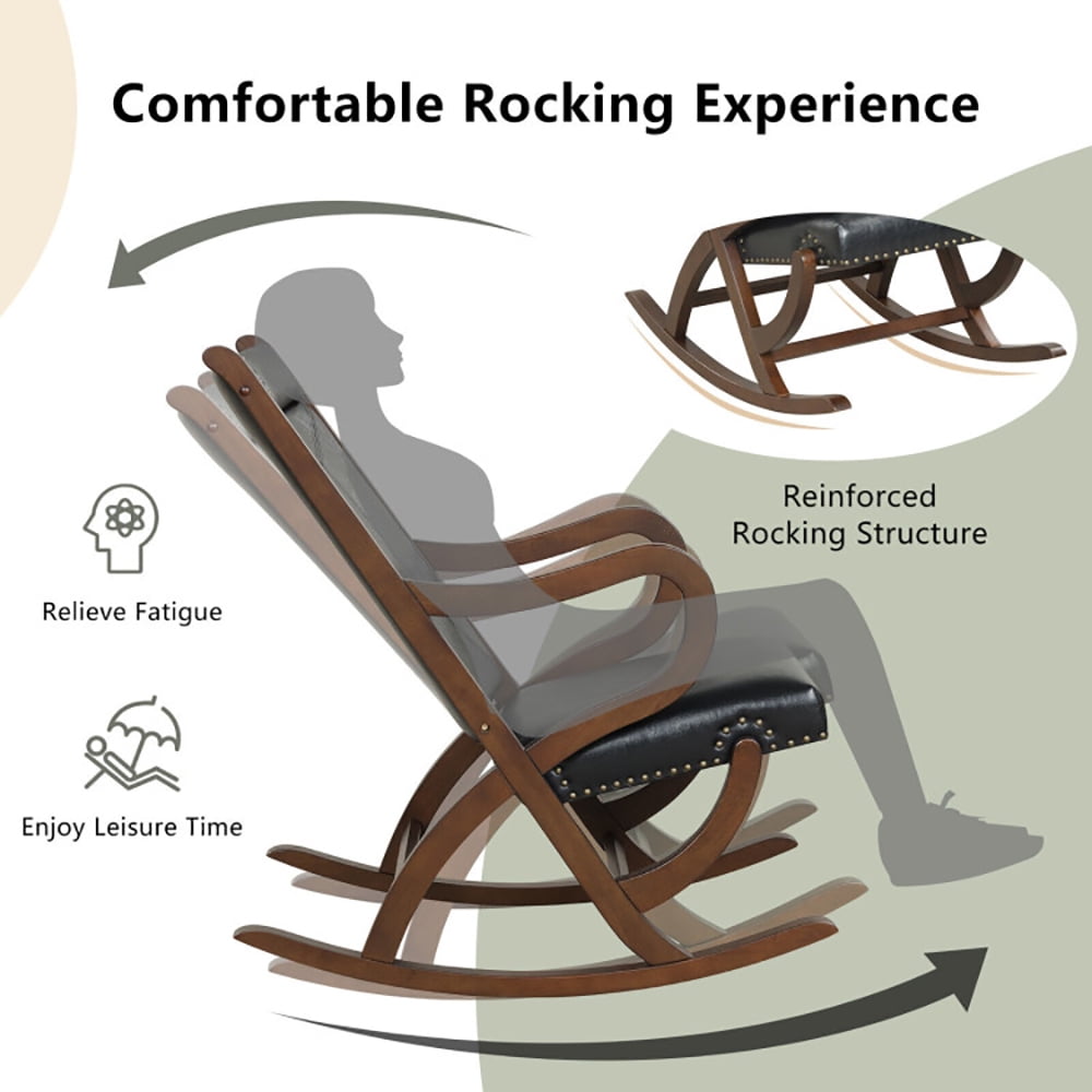 Finihen Wooden Slad Back Rocking Chairr, Modern Rocking Chair with PU Cushion and Rubber Wood Frame, for Living Room, Bedroom, Black