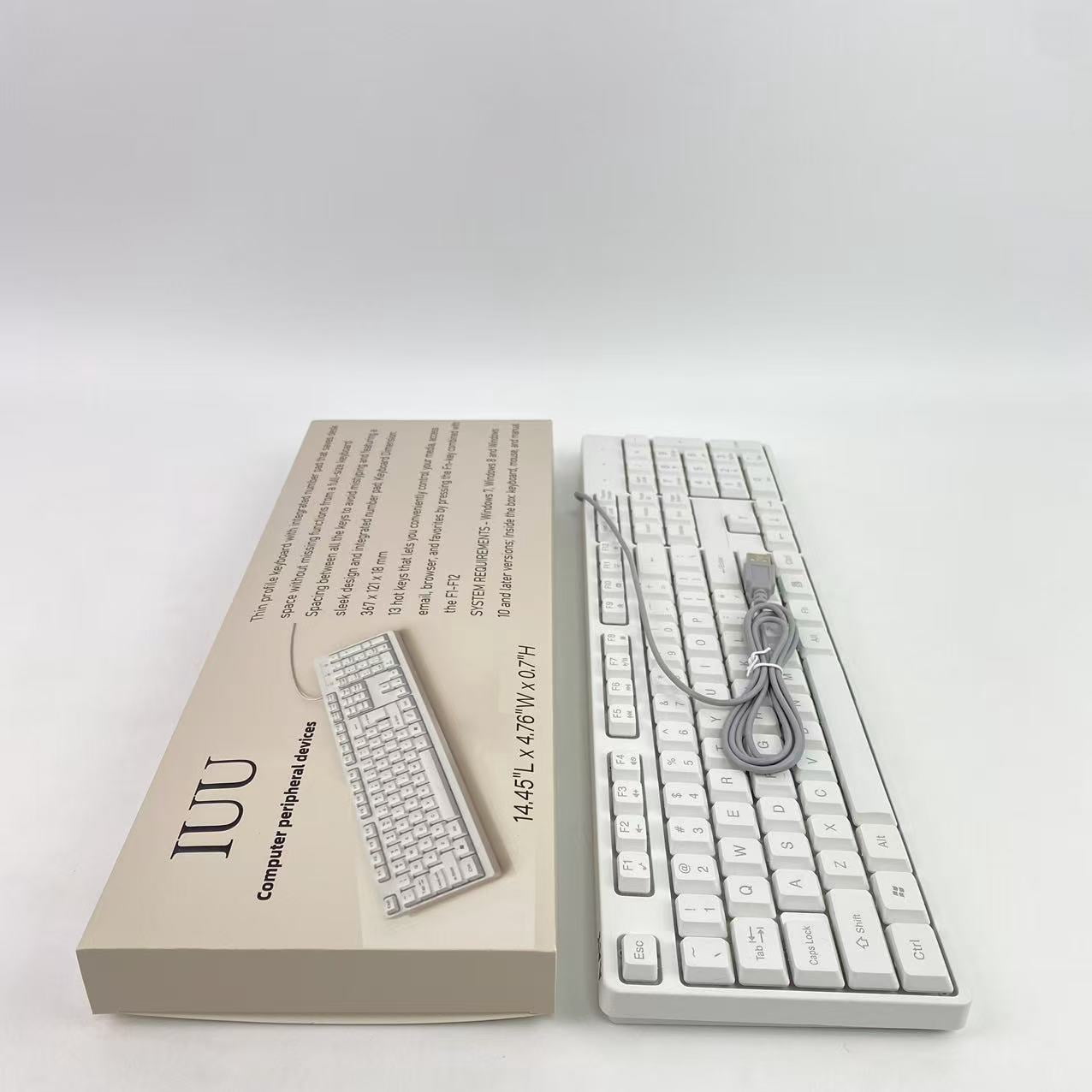 IUU Computer peripheral devices,Wired Quiet USB Keyboard - 14.45x4.76x0.70 Inches - Compact Design with Number Pad - White - US English